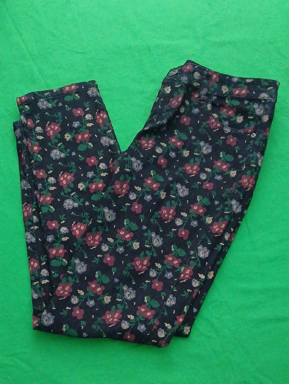 Floral Skinny Jeans in Black with Red & Green
